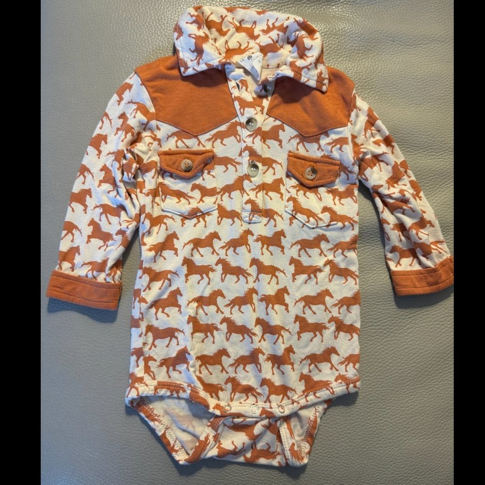 Kate Quinn - bamboo collared horses long sleeve onesie 6-12 months Western